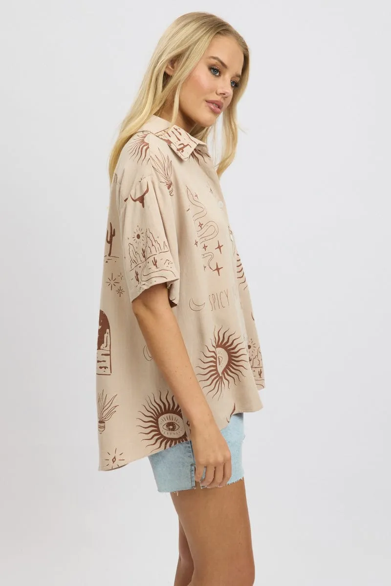 Beige Abstract Relaxed Shirt Short Sleeve