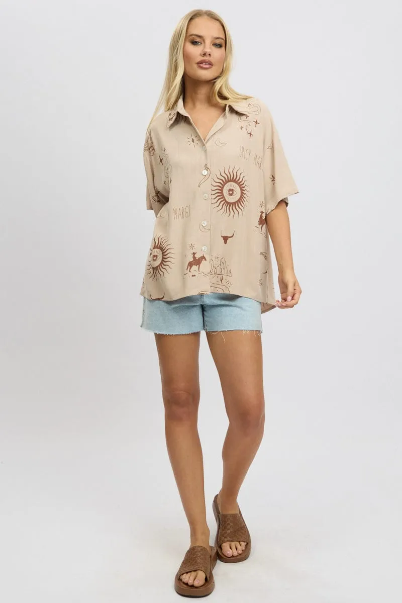 Beige Abstract Relaxed Shirt Short Sleeve