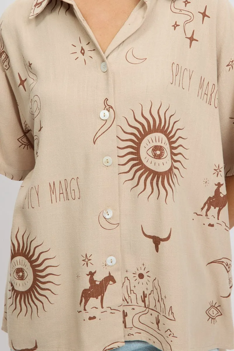 Beige Abstract Relaxed Shirt Short Sleeve