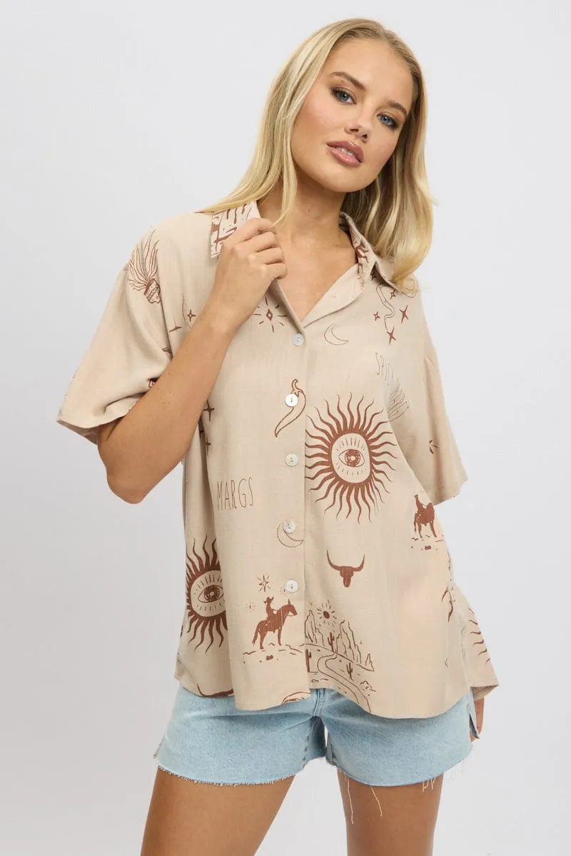 Beige Abstract Relaxed Shirt Short Sleeve