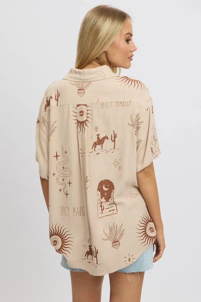 Beige Abstract Relaxed Shirt Short Sleeve