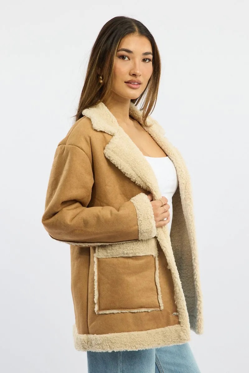 Beige Shearling Jacket Oversized Pocket Detail
