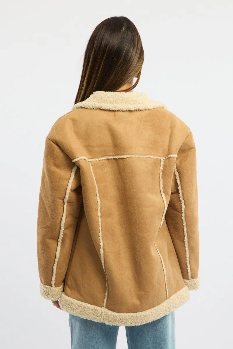 Beige Shearling Jacket Oversized Pocket Detail