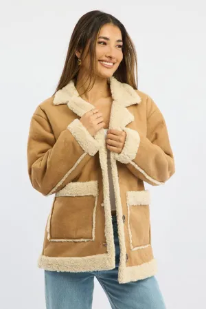 Beige Shearling Jacket Oversized Pocket Detail