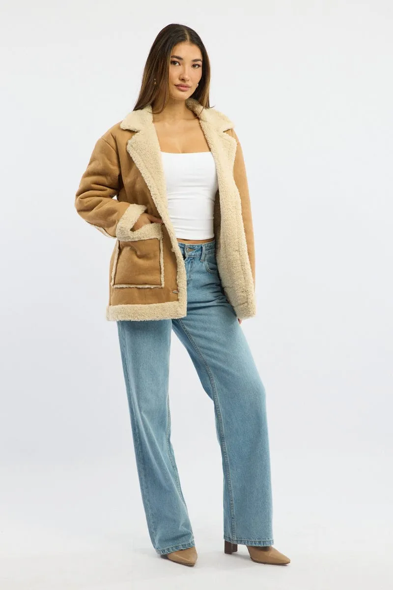 Beige Shearling Jacket Oversized Pocket Detail