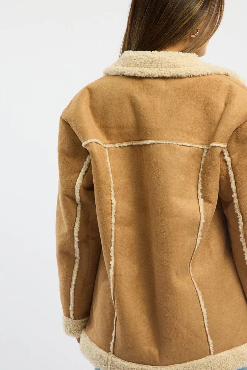 Beige Shearling Jacket Oversized Pocket Detail
