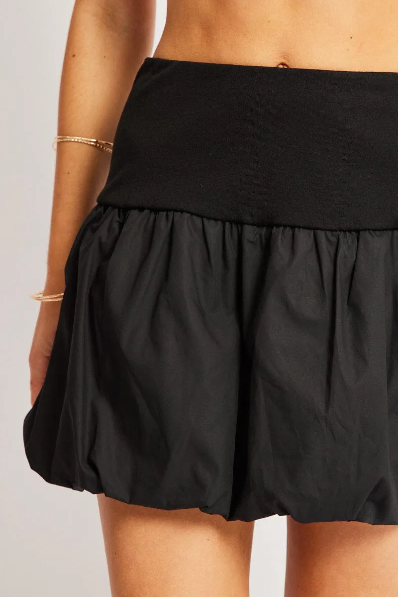 Black Bubble Skirt High Rise Rib Waist Mini Balloon