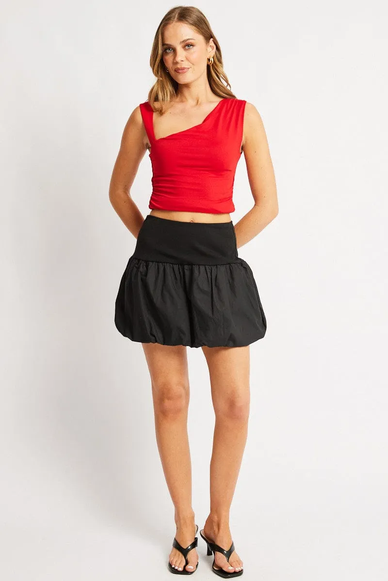 Black Bubble Skirt High Rise Rib Waist Mini Balloon