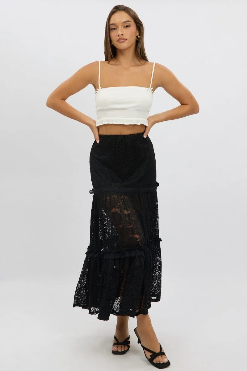 Black Lace Maxi Skirt Elastic Waist Tiered Lined