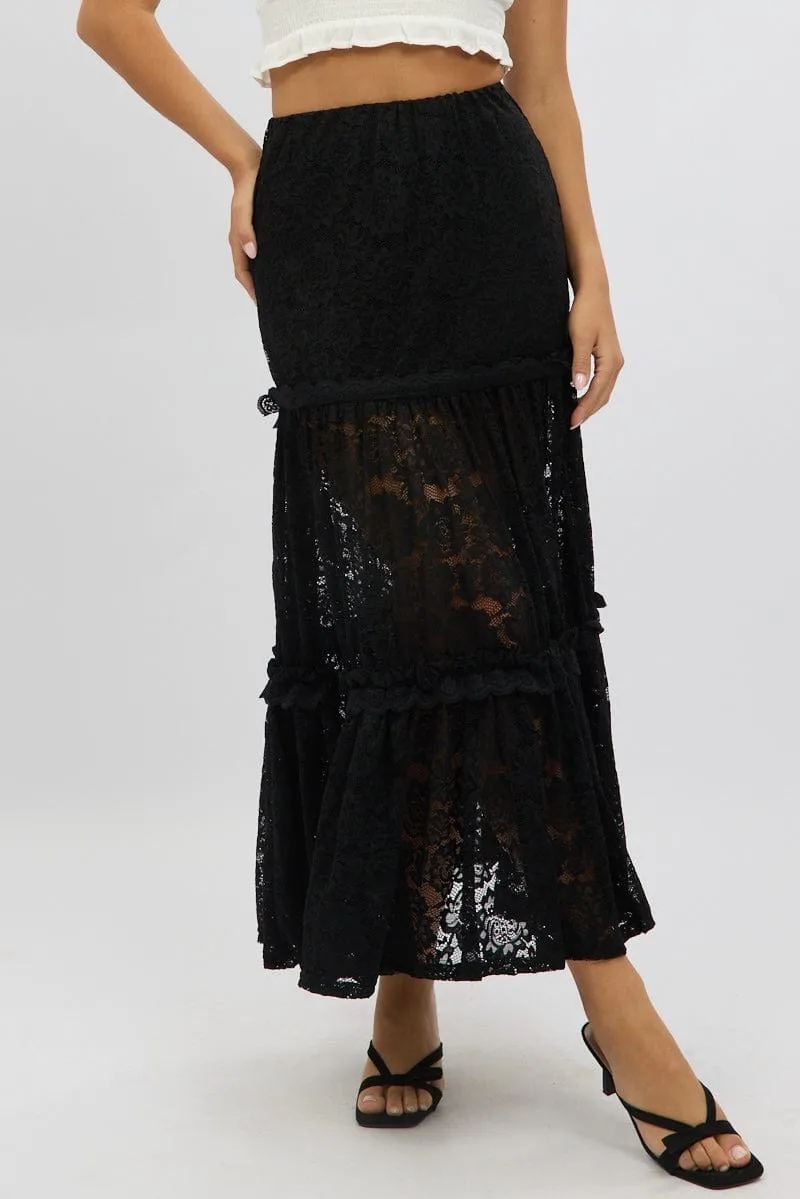 Black Lace Maxi Skirt Elastic Waist Tiered Lined