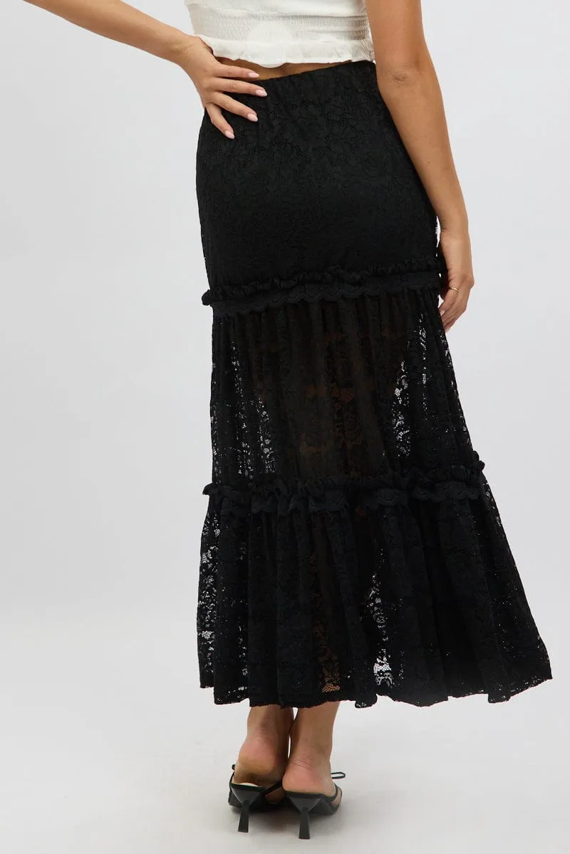 Black Lace Maxi Skirt Elastic Waist Tiered Lined