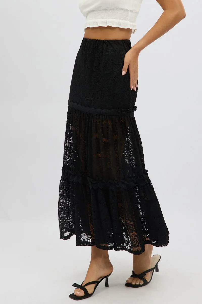 Black Lace Maxi Skirt Elastic Waist Tiered Lined