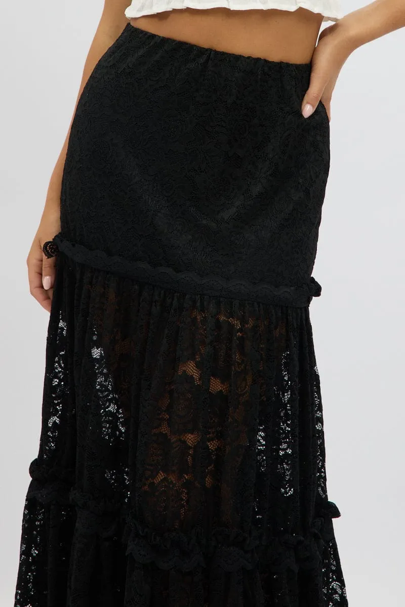 Black Lace Maxi Skirt Elastic Waist Tiered Lined