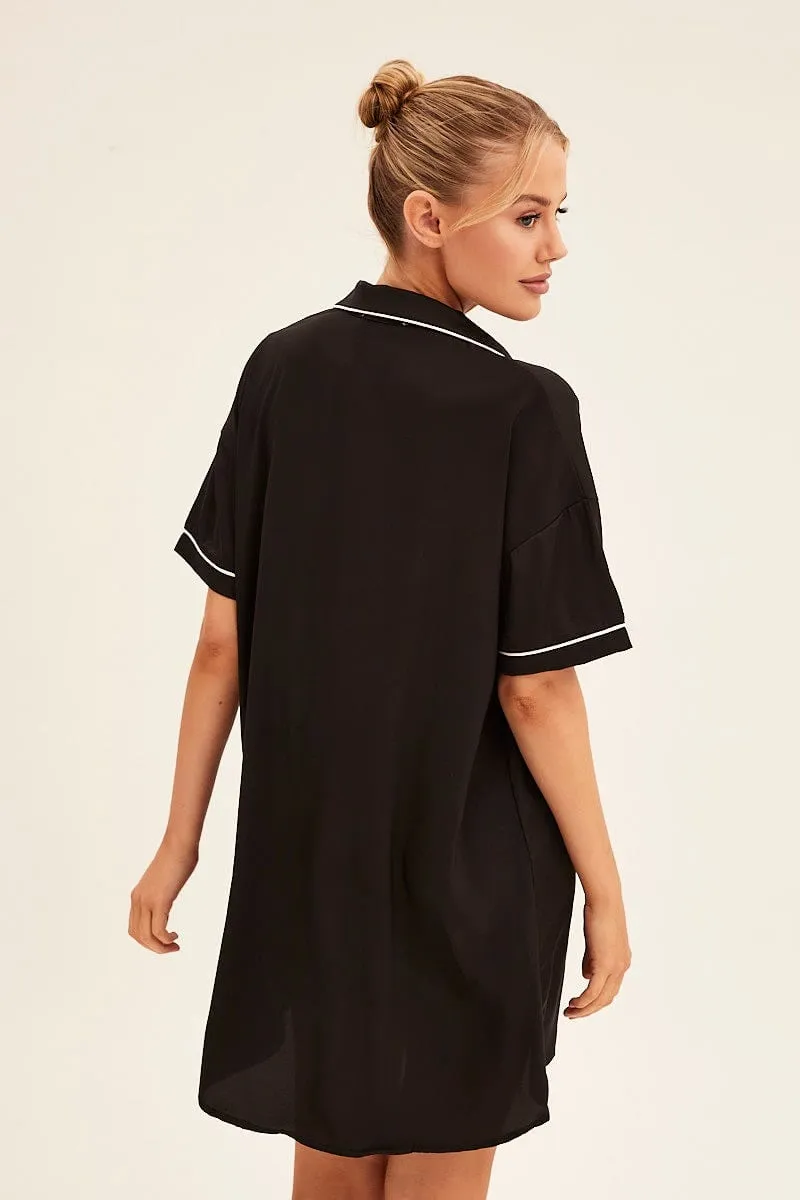 Black Nightgown Short Sleeve Collared Mini Satin