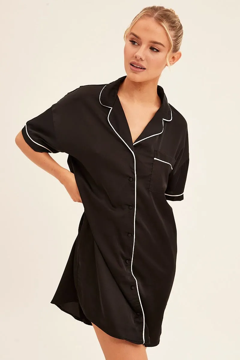 Black Nightgown Short Sleeve Collared Mini Satin