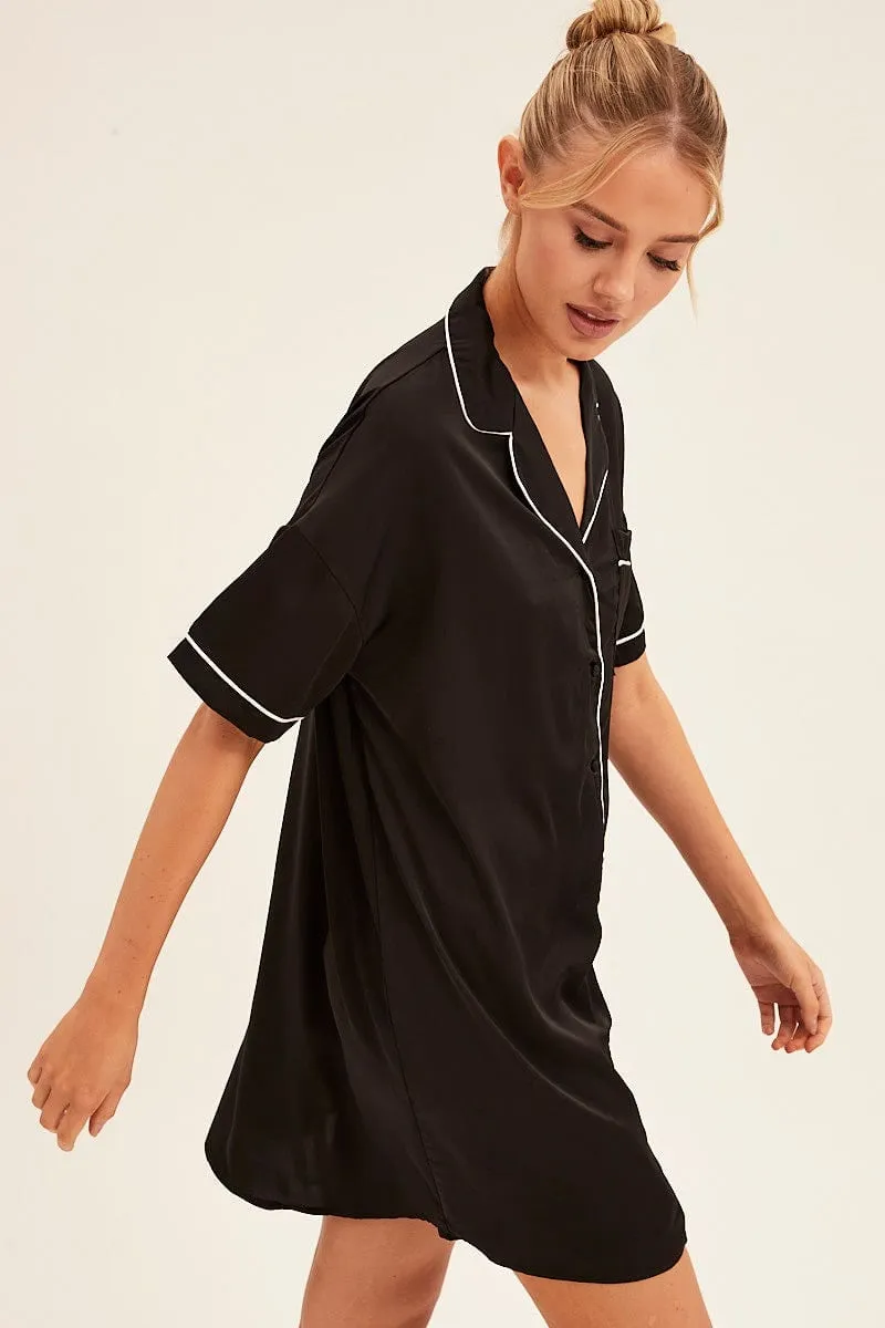 Black Nightgown Short Sleeve Collared Mini Satin
