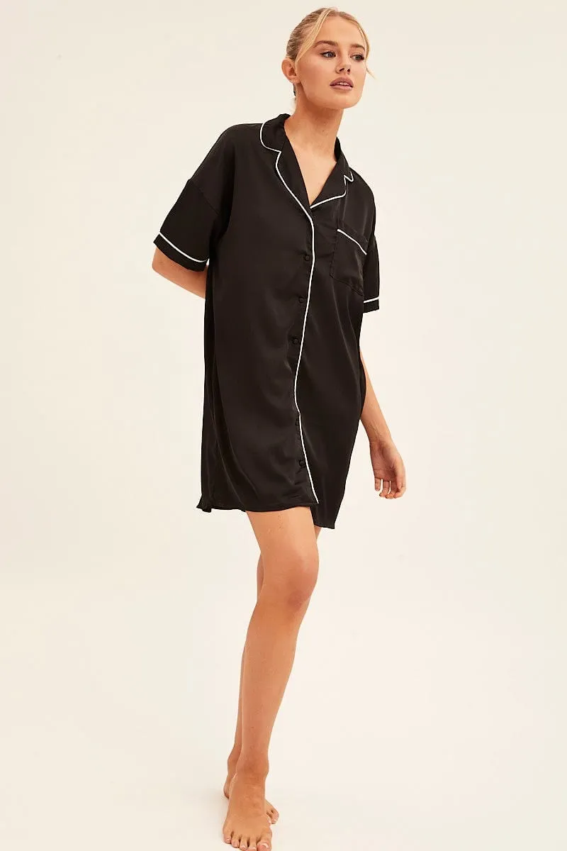Black Nightgown Short Sleeve Collared Mini Satin