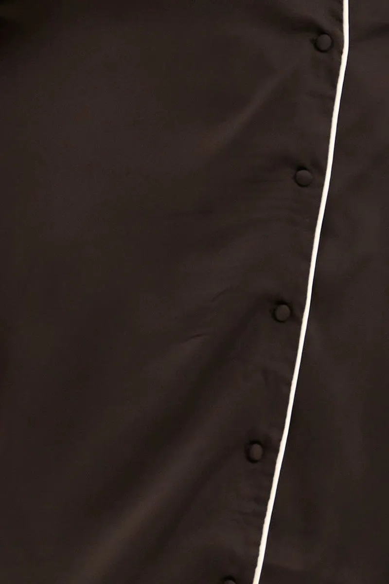Black Nightgown Short Sleeve Collared Mini Satin