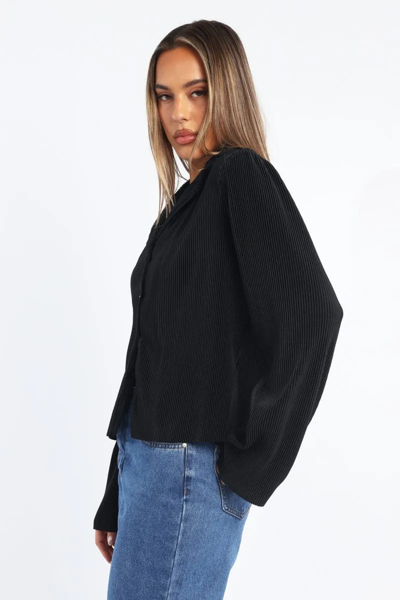 Black Plisse Shirt Long Sleeve Lapel Collar Button Up