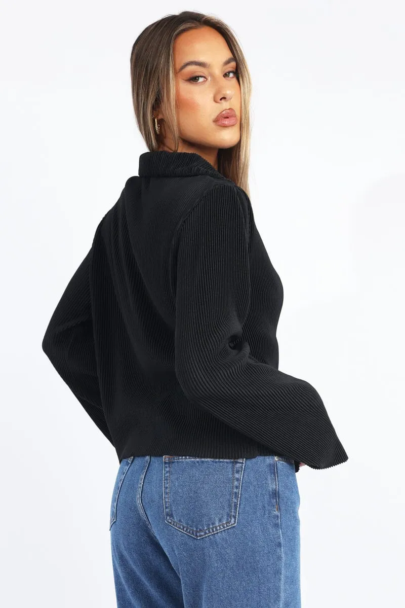 Black Plisse Shirt Long Sleeve Lapel Collar Button Up