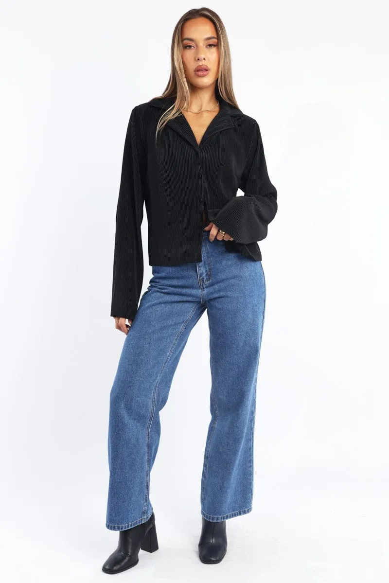 Black Plisse Shirt Long Sleeve Lapel Collar Button Up