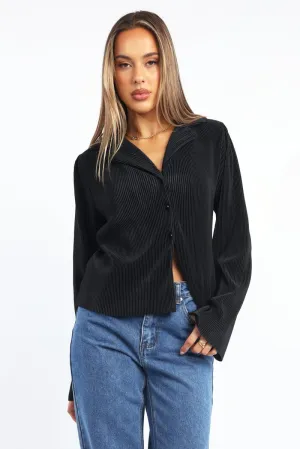 Black Plisse Shirt Long Sleeve Lapel Collar Button Up