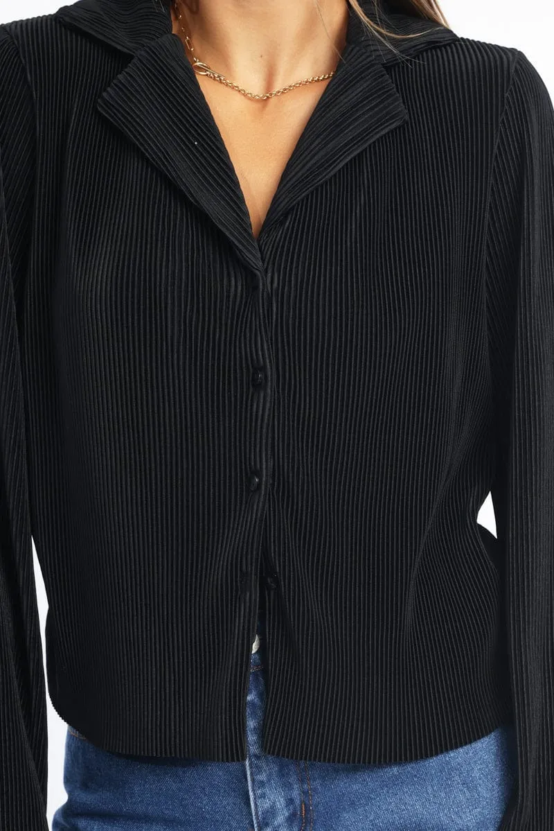 Black Plisse Shirt Long Sleeve Lapel Collar Button Up
