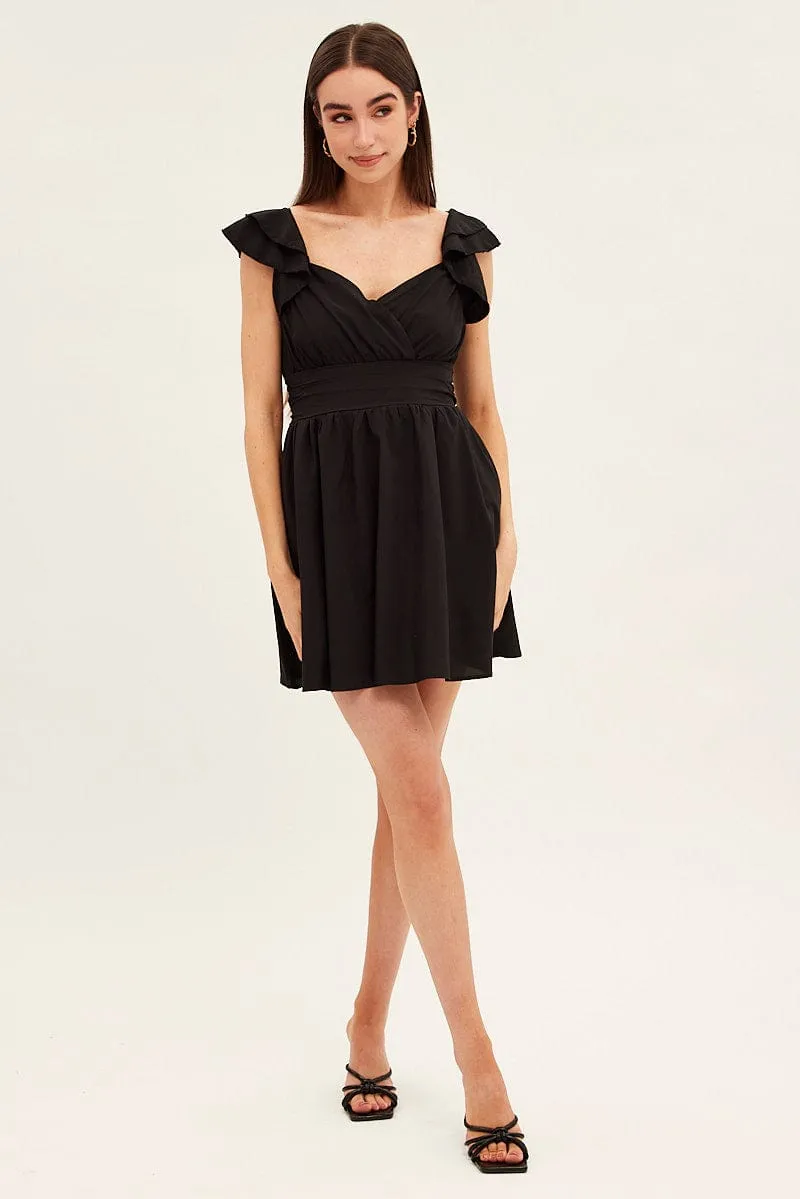 Black Short Sleeve Ruched Bust Skater Dress
