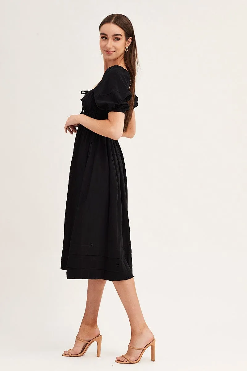 Black Short Sleeve Ruched Midi Dress
