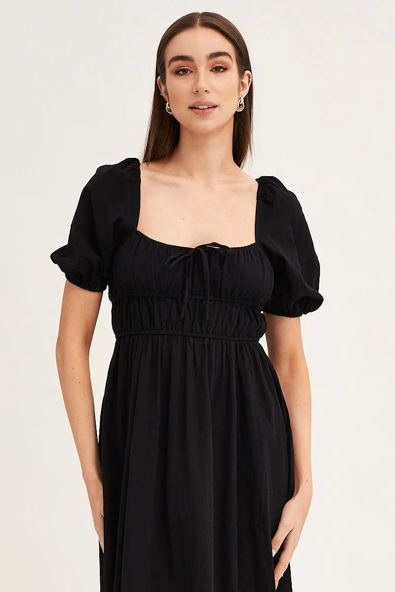 Black Short Sleeve Ruched Midi Dress