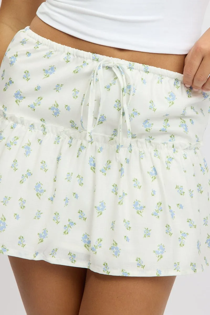 Blue Ditsy Mini Skirt Elastic Waistband Frill Detail Lined