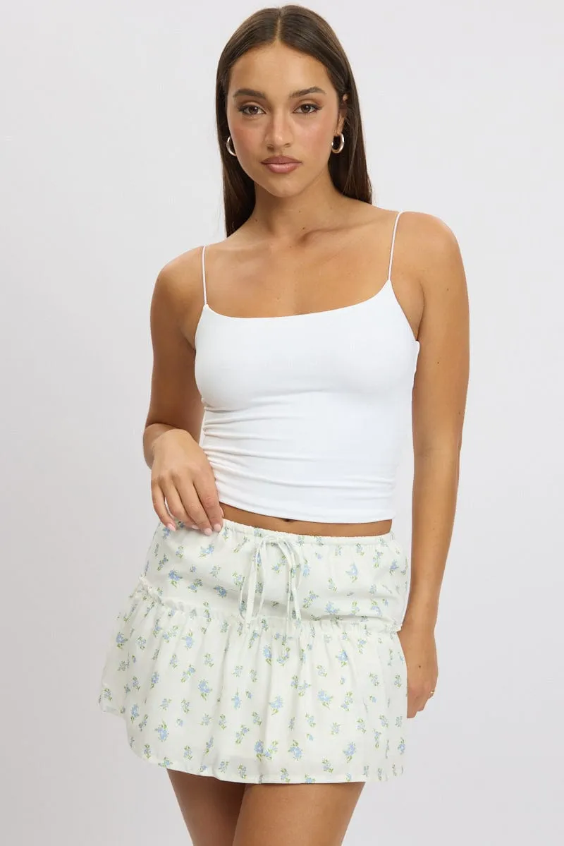 Blue Ditsy Mini Skirt Elastic Waistband Frill Detail Lined