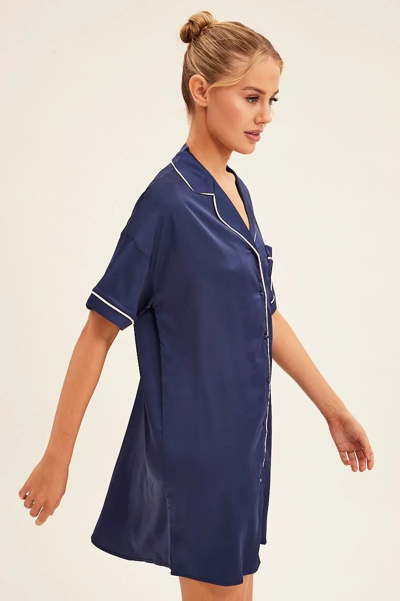 Blue Nightgown Short Sleeve Collared Mini Satin
