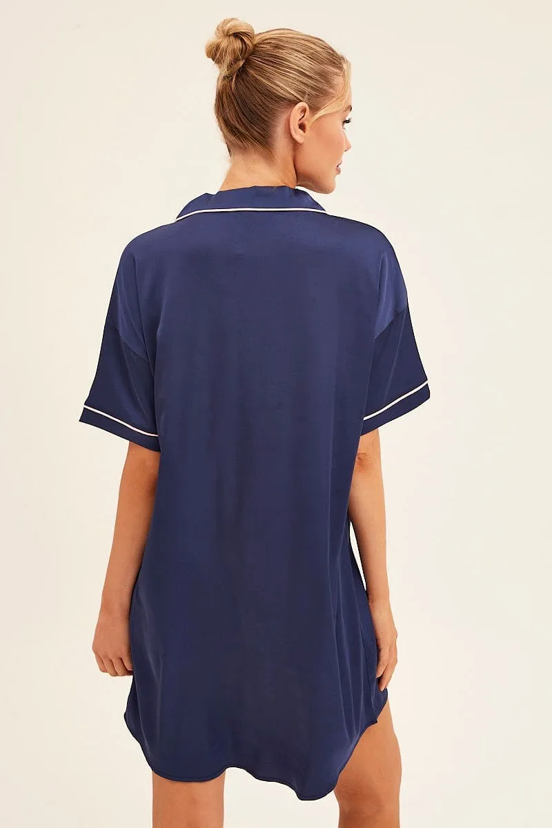Blue Nightgown Short Sleeve Collared Mini Satin