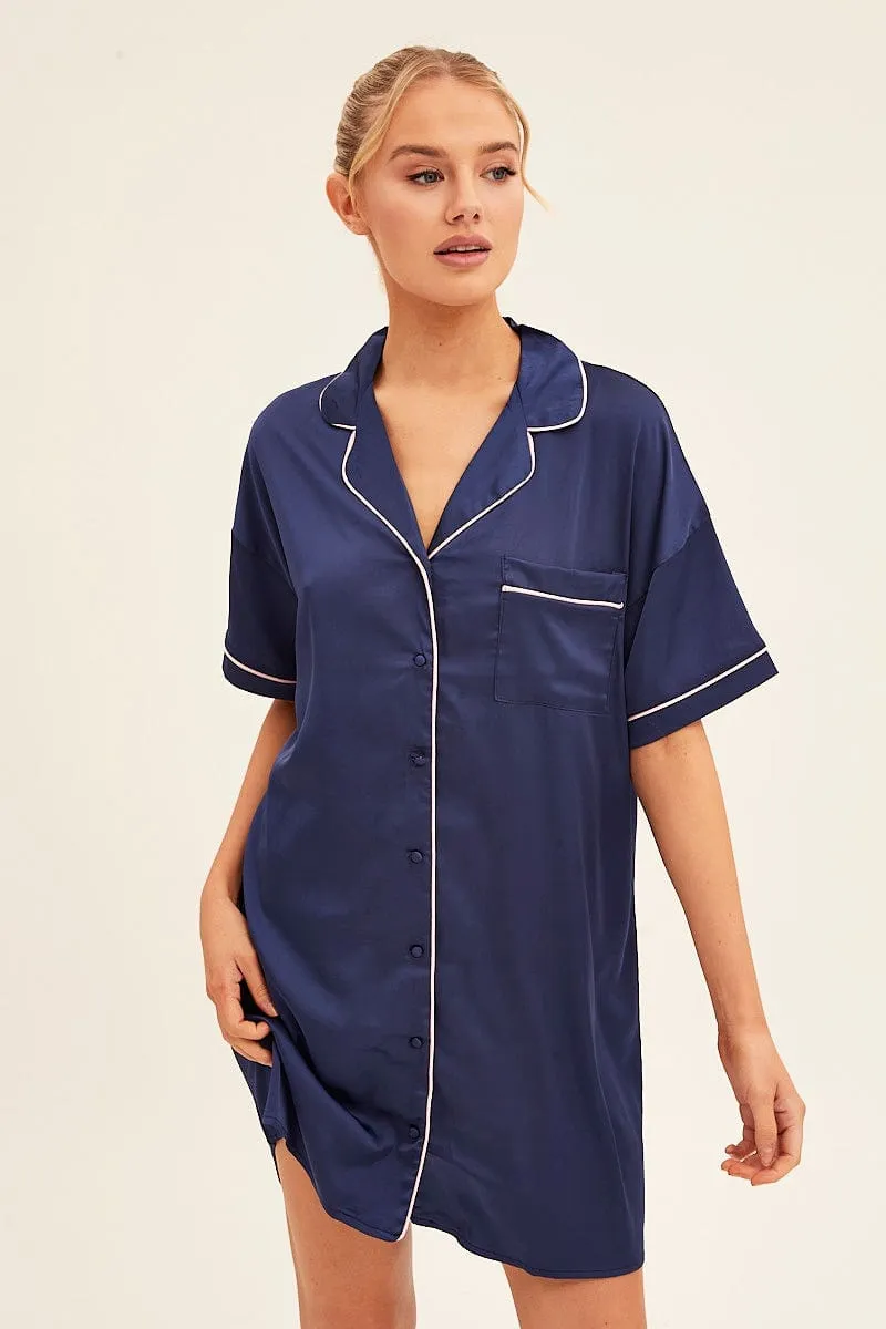 Blue Nightgown Short Sleeve Collared Mini Satin