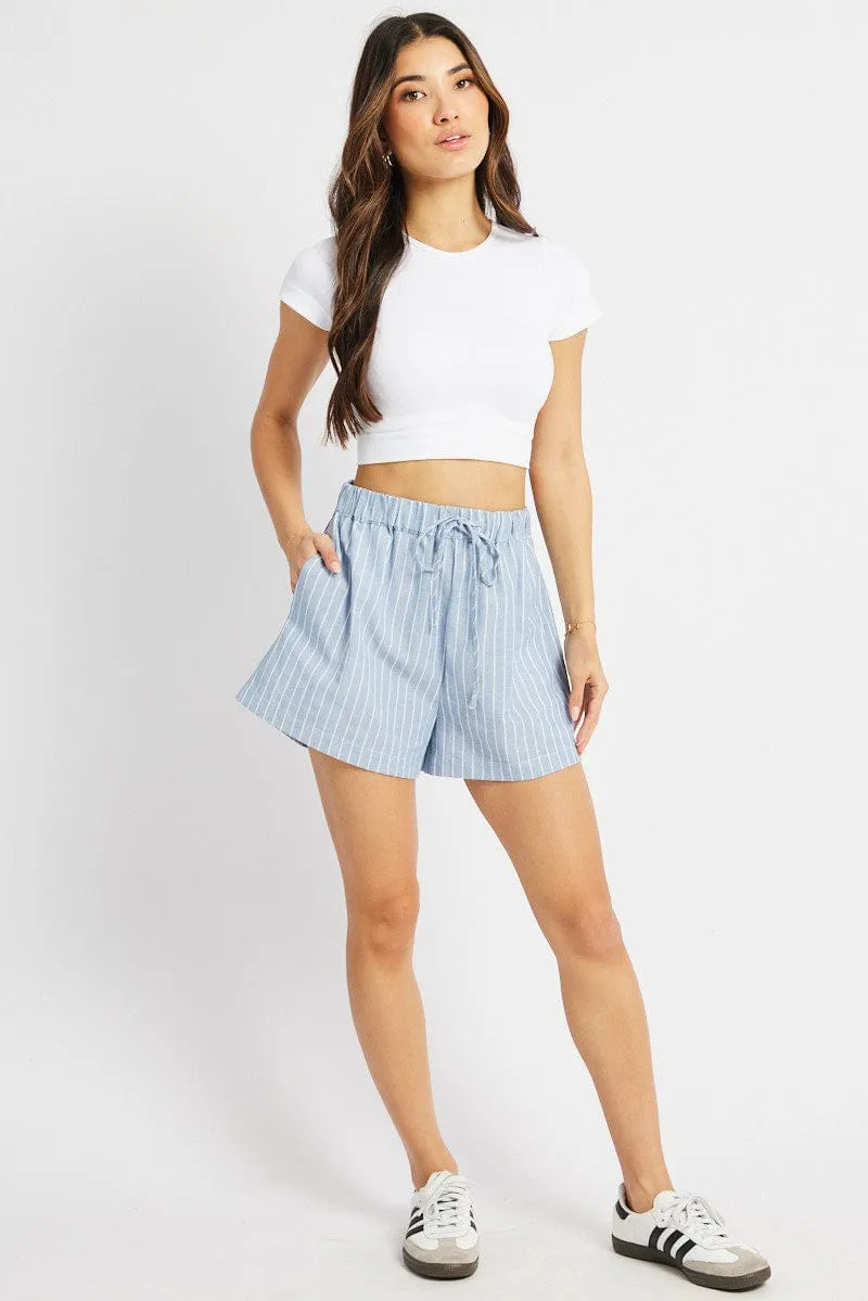 Blue Stripe Relaxed Shorts Mid Rise