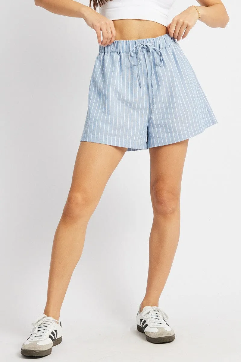 Blue Stripe Relaxed Shorts Mid Rise