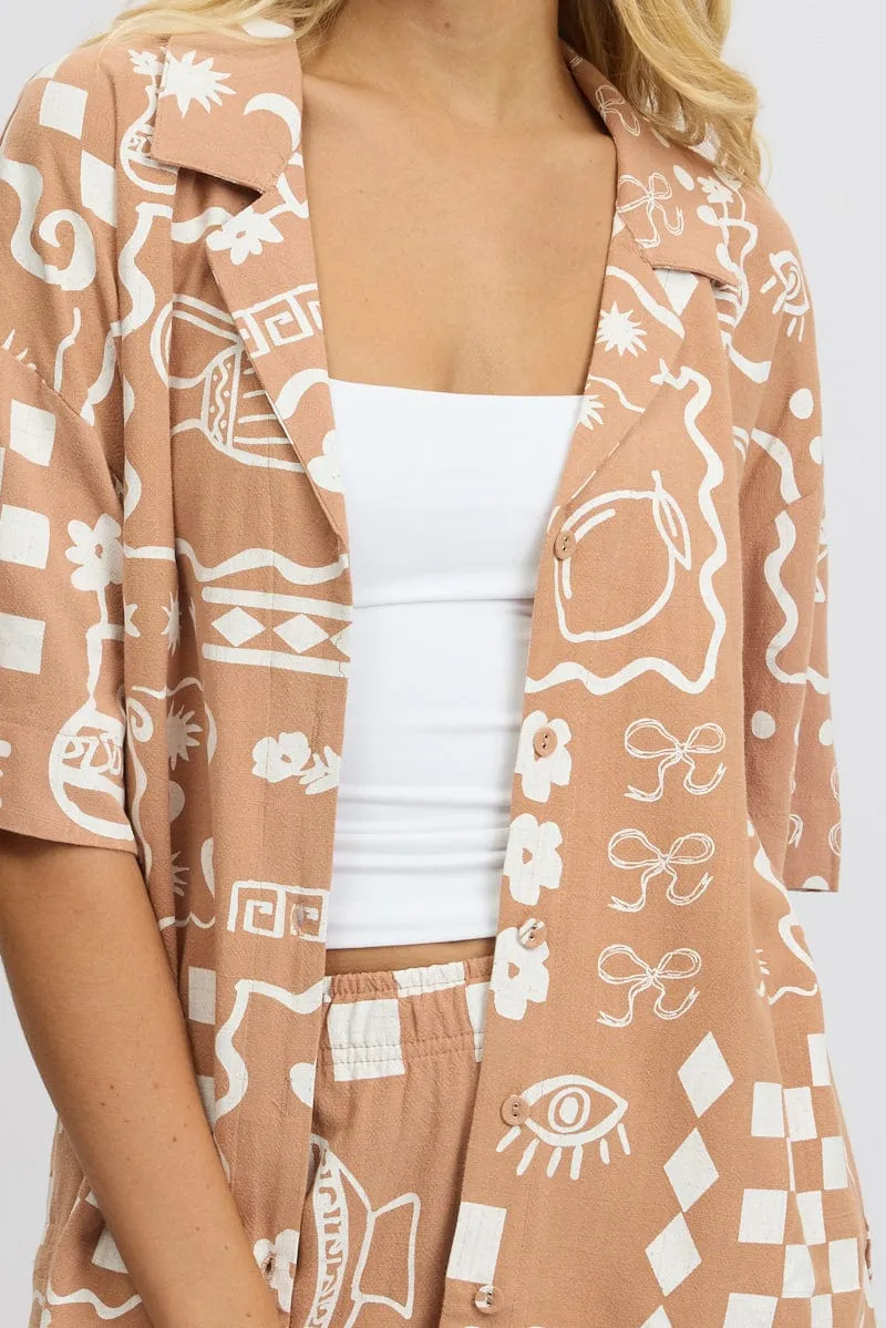 Brown Abstract Relaxed Shirt Short Sleeve Linen Blend