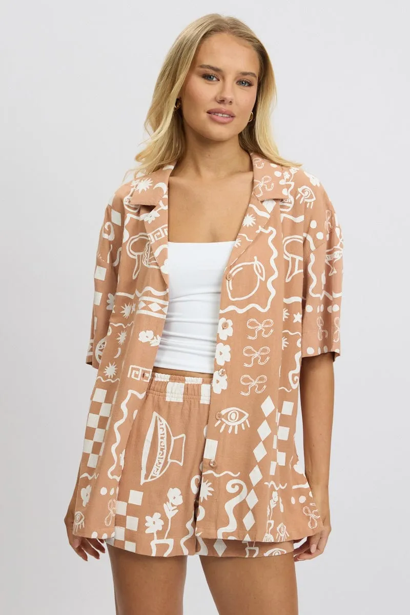 Brown Abstract Relaxed Shirt Short Sleeve Linen Blend
