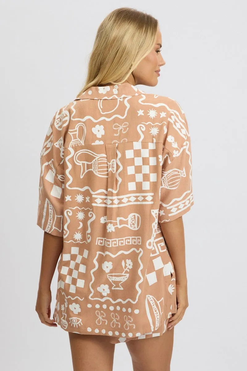 Brown Abstract Relaxed Shirt Short Sleeve Linen Blend