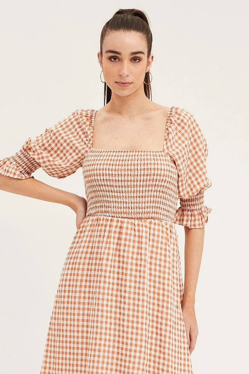 Check Shirred Bust Midi Dress