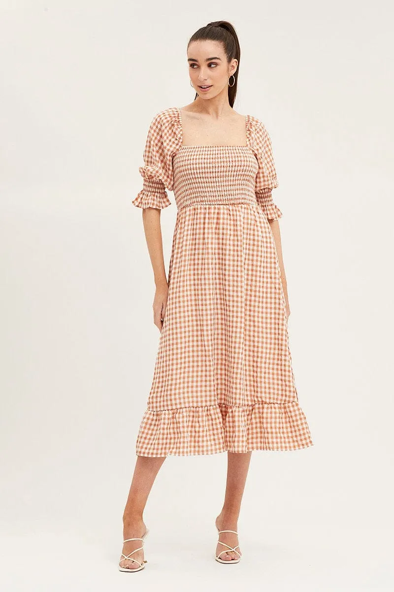 Check Shirred Bust Midi Dress