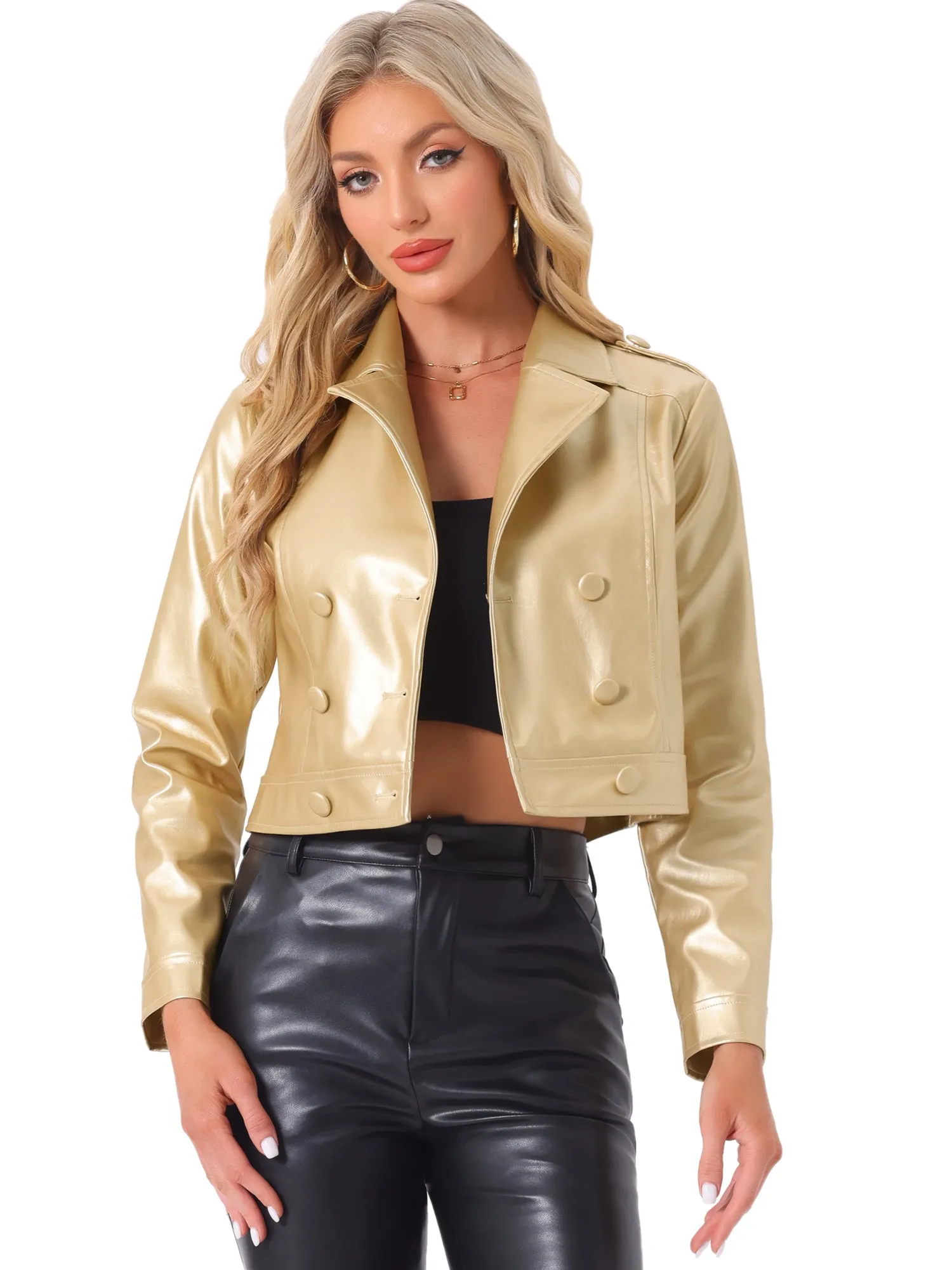 Double-breasted Button Notch Lapel Y2K Metallic Long Sleeve Jackets