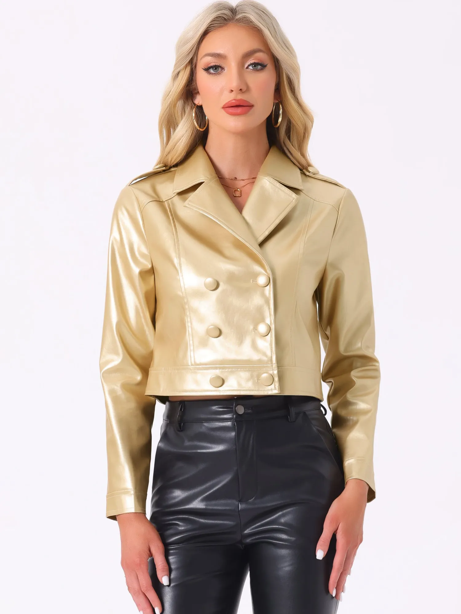 Double-breasted Button Notch Lapel Y2K Metallic Long Sleeve Jackets