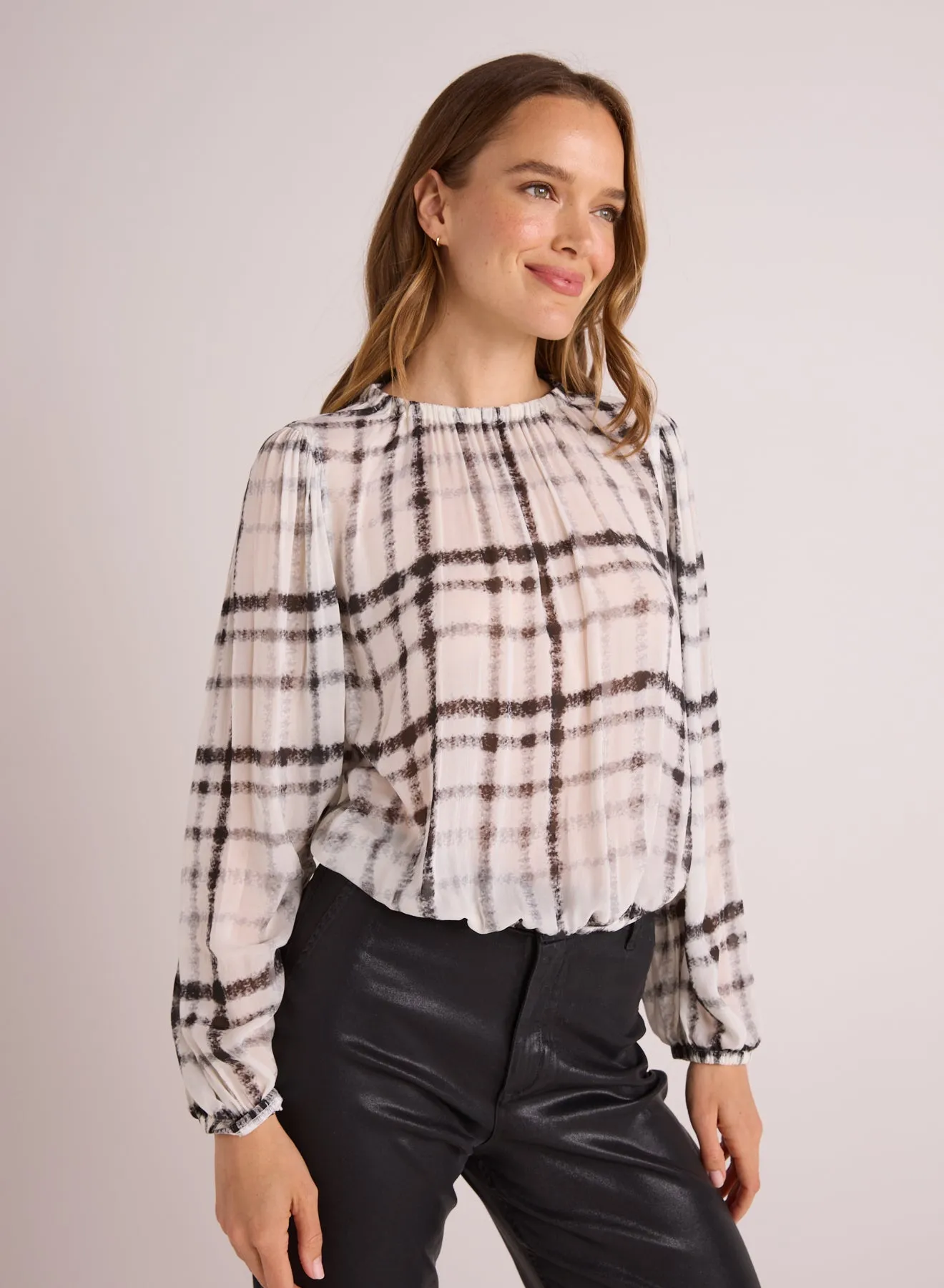 Elastic Shirred Top - Brushed Plaid Print