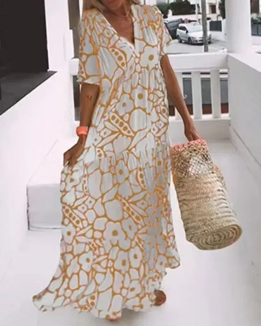 Fashion Printed Short Sleeve Long Dress