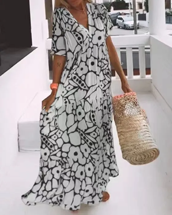 Fashion Printed Short Sleeve Long Dress