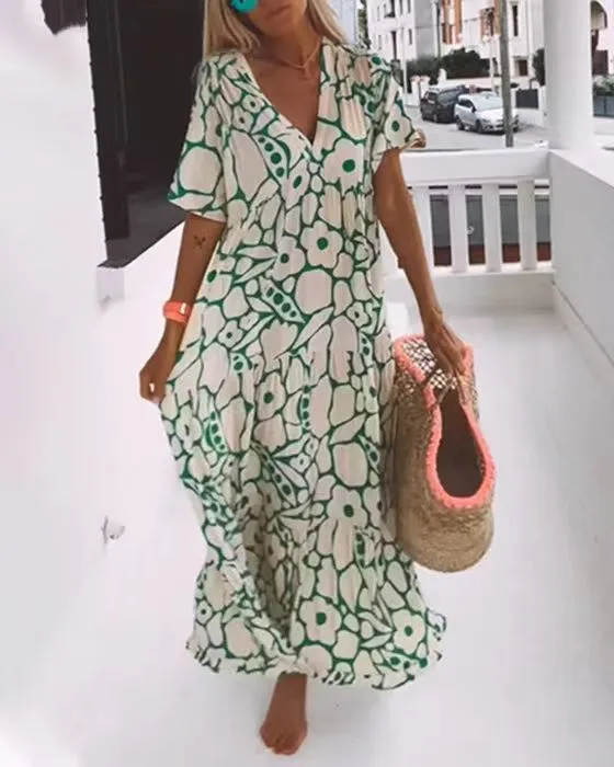 Fashion Printed Short Sleeve Long Dress