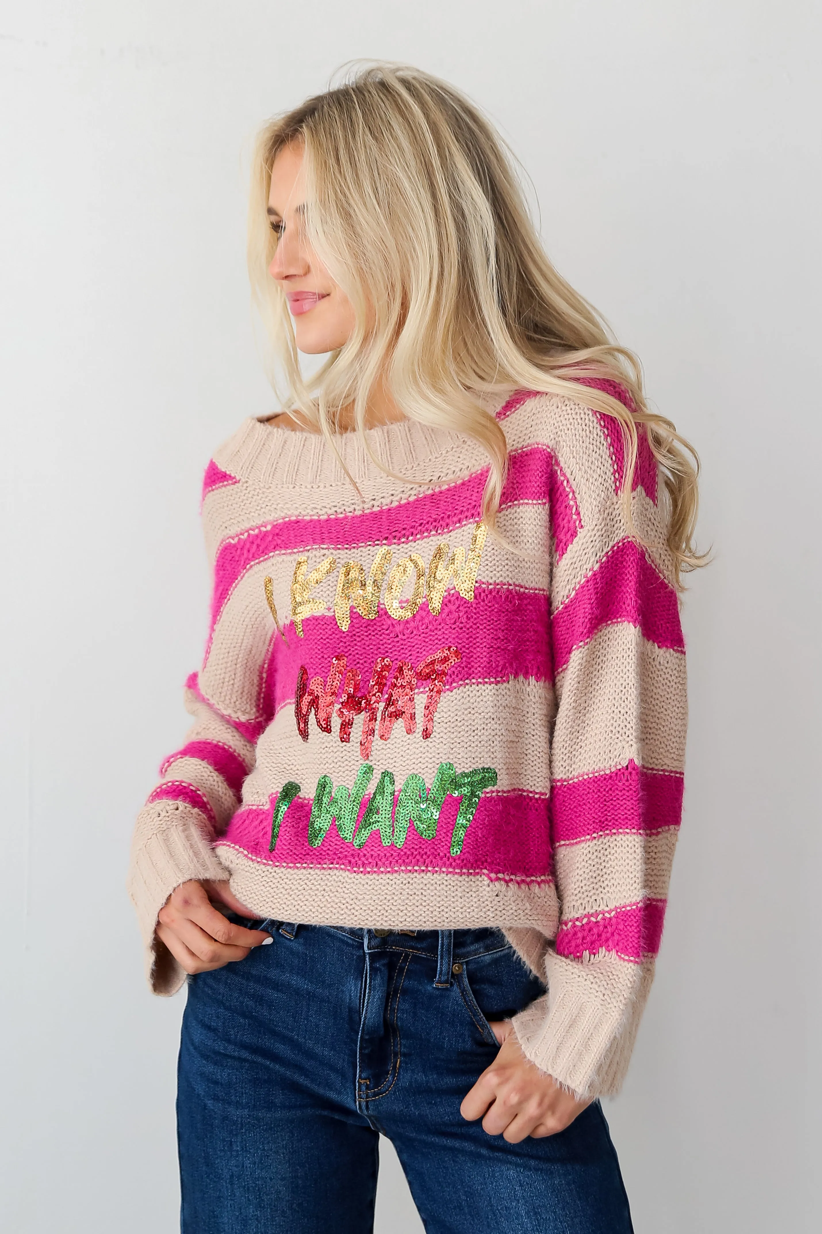 FINAL SALE - I Know What I Want Pink Striped Sequin Oversized Sweater