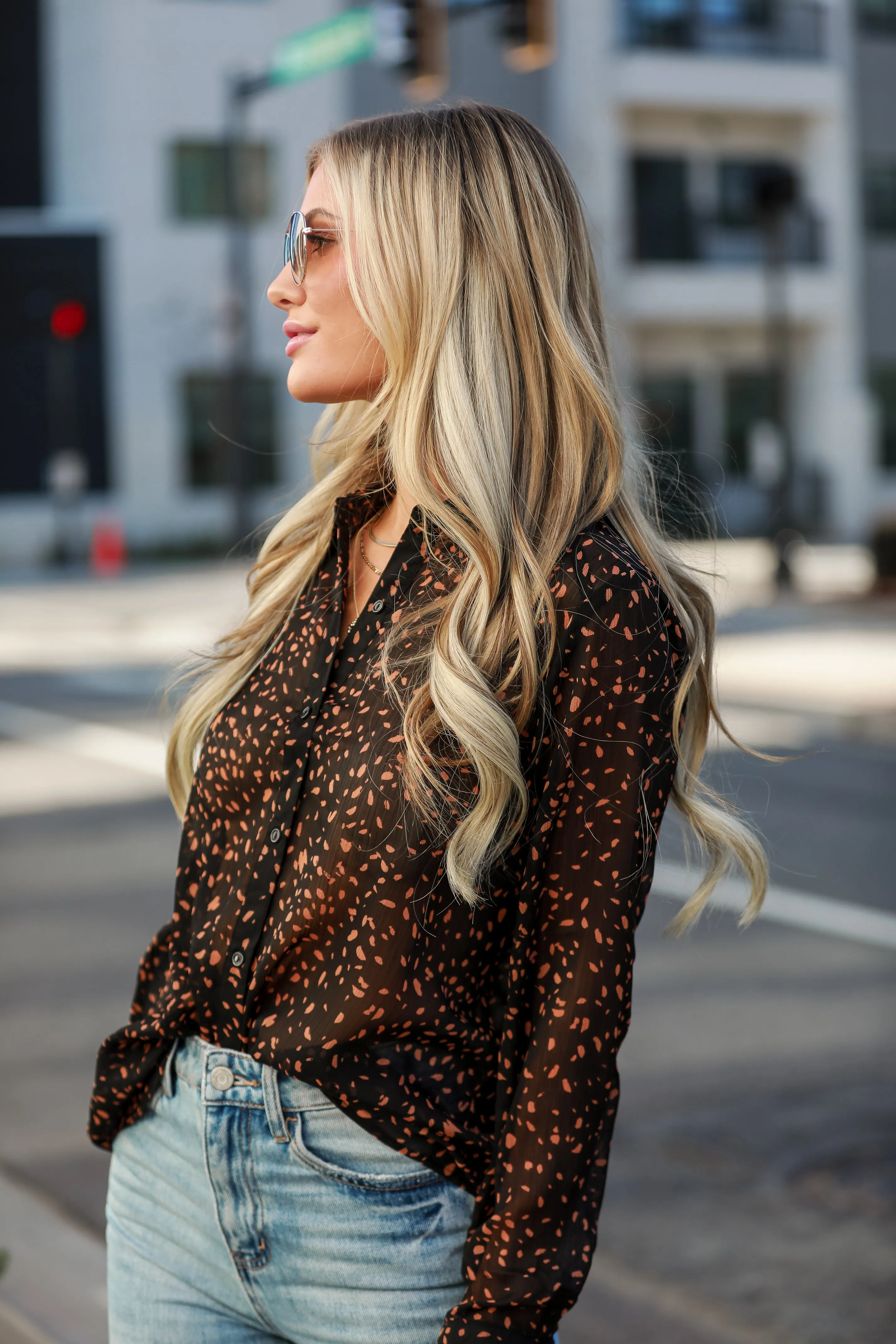FINAL SALE - Khloe Brown Spotted Button-Up Blouse - DOORBUSTER
